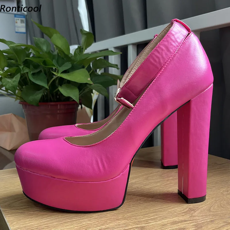 Ronticool Customize Color Women Platform Pumps Block High Heels Round Toe Beautiful Fuchsia Party Dress Shoes US Plus Size 5-20