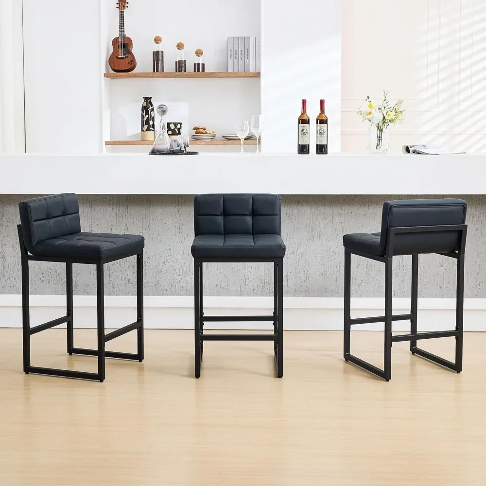 Kursi Bar Set Isi 3, Kursi Bar Tinggi Penghitung Kulit Imitasi Berlapis dengan Punggung Rendah dan Kaki Logam Tebal
