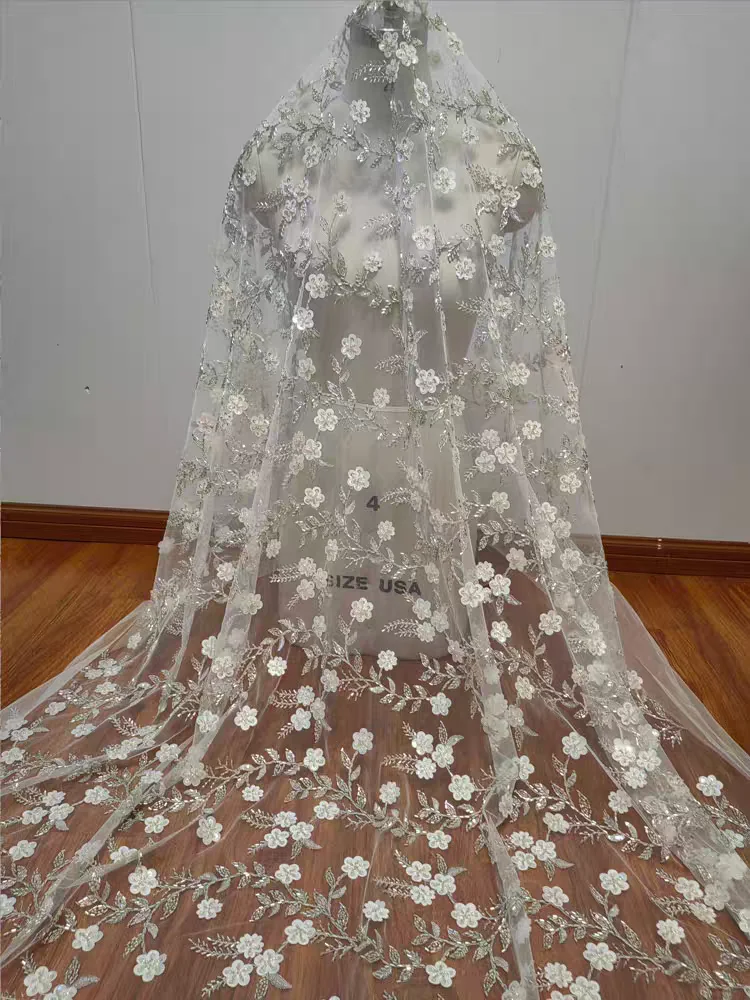 

Simple Elegant Beaded Leaves Lace Beautiful Flowers With Sequins Bridal Wedding Dress Lace Fabric
