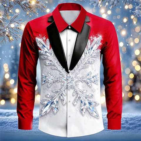 New men's Christmas snowflake long sleeved shirt with red and white patchwork rhinestone snowflake print holiday shirt