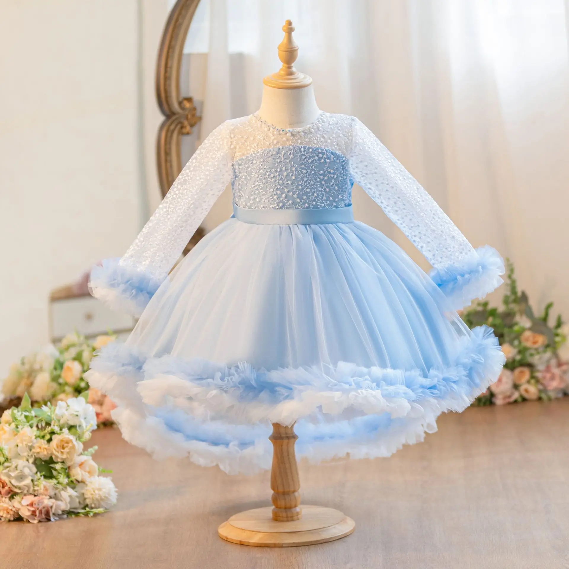 New style children's clothes flower children's sequins girls tuxedo long sleeve tulle fluffy skirt for girls 4-12 years old