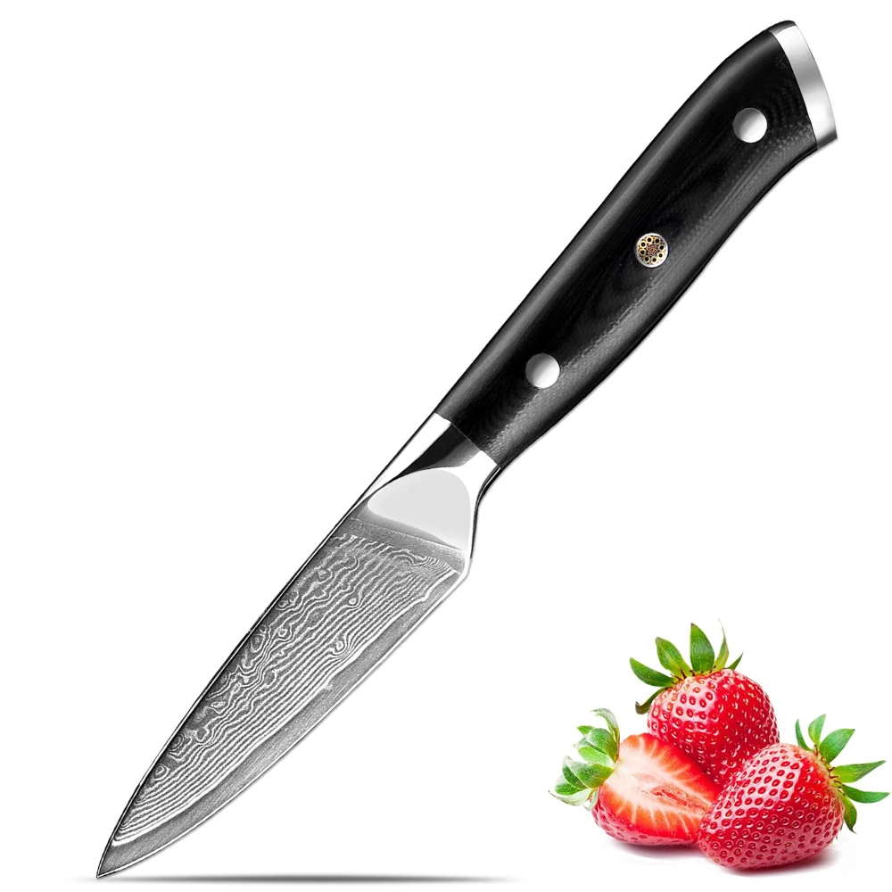 

Japanese 3.5Inch Paring Knife VG10 Damascus Steel Small Kitchen Fruit Knife Razor Sharp Peeling Knife Full Tang Black G10 Handle