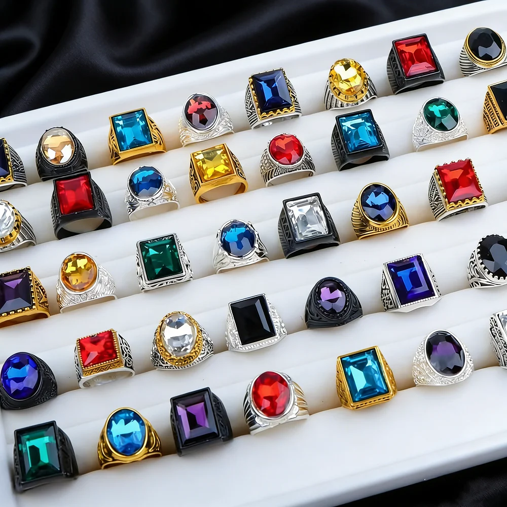 10/20/30Pieces Retro Colorful Glass Carving Rings Set For Men Women Mix Style Vintage Geometric Jewelry Party Gifts