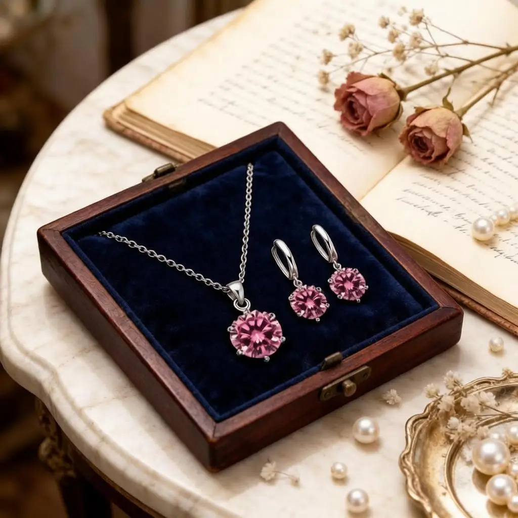 Trendy 925 Sterling Silver 6 Claws Round Crystal Zircon Necklace Drop Earrings Set for Women Girls Wedding Party Bridal Gifts