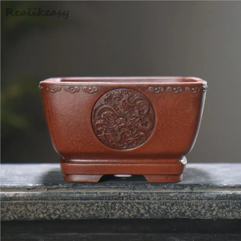 7Size Purple Clay Flowerpot Rectangular Elephant Pattern Antique Handmade Flowerpot Home Office Desktop Decorative Flower Pot