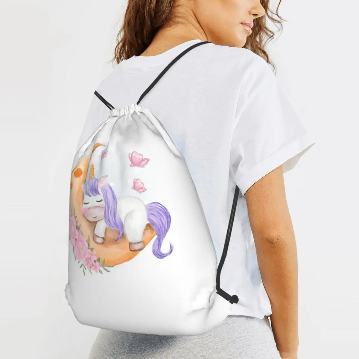 Sleeping Baby Unicorn Backpacks Portable Drawstring Bags Sports Bag Book Bags for Travel School