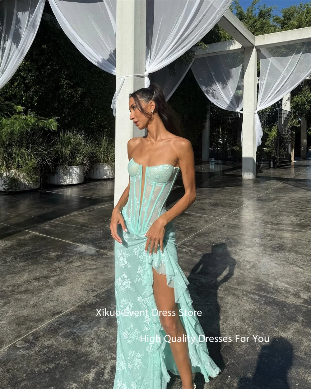 Xikuo elegante vestido De noche De encaje verde menta con escote en V profundo sirena vestidos De graduación apliques abertura lateral alta bata De Soirée personalizada