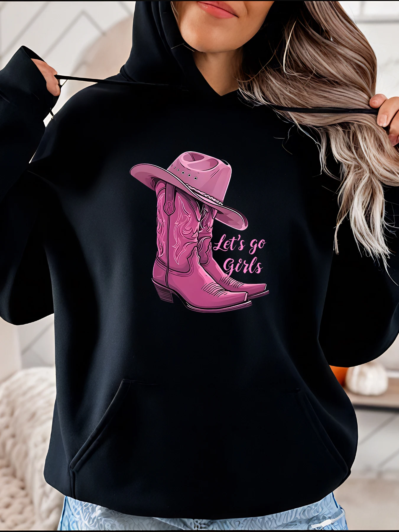 

Women's Black Hoodie Pink Cowboy Boots Print Let's Go Girls Western Style Casual Sweatshirt for Women Fashion Outfit