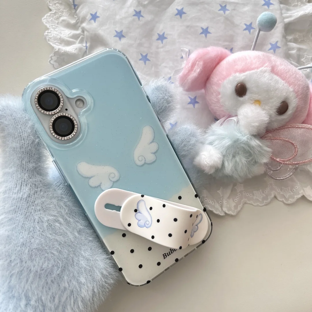 

Lovely Korean Ins Wave point Angel Wings Cartoon Phone Case For iPhone 16 E 15 14 13 12 11 Pro Max Plus Y2K Lucky Cover﻿