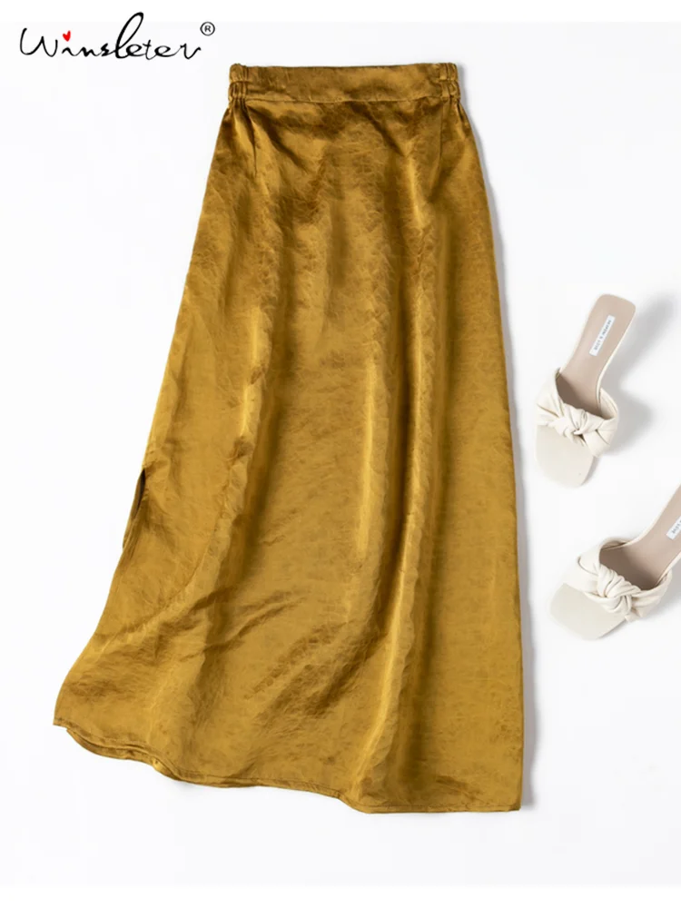 

Winsleter, Watered Gauze Silk Elegant Skirts, Women Elastic Waist Golden, High-quality Retro OL Skirt, 2024 Summer Fall B48219QM