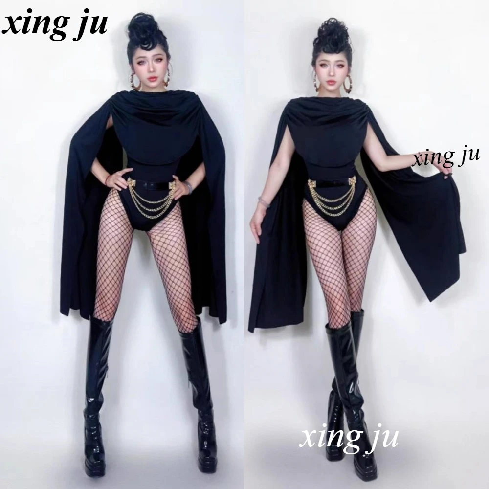 

Nightclub Pole Dancing Women DJ Sexy Black Long Sleeves Hooded Tight Jumpsuits Women Party Festivals Performance Stage Rave Wear