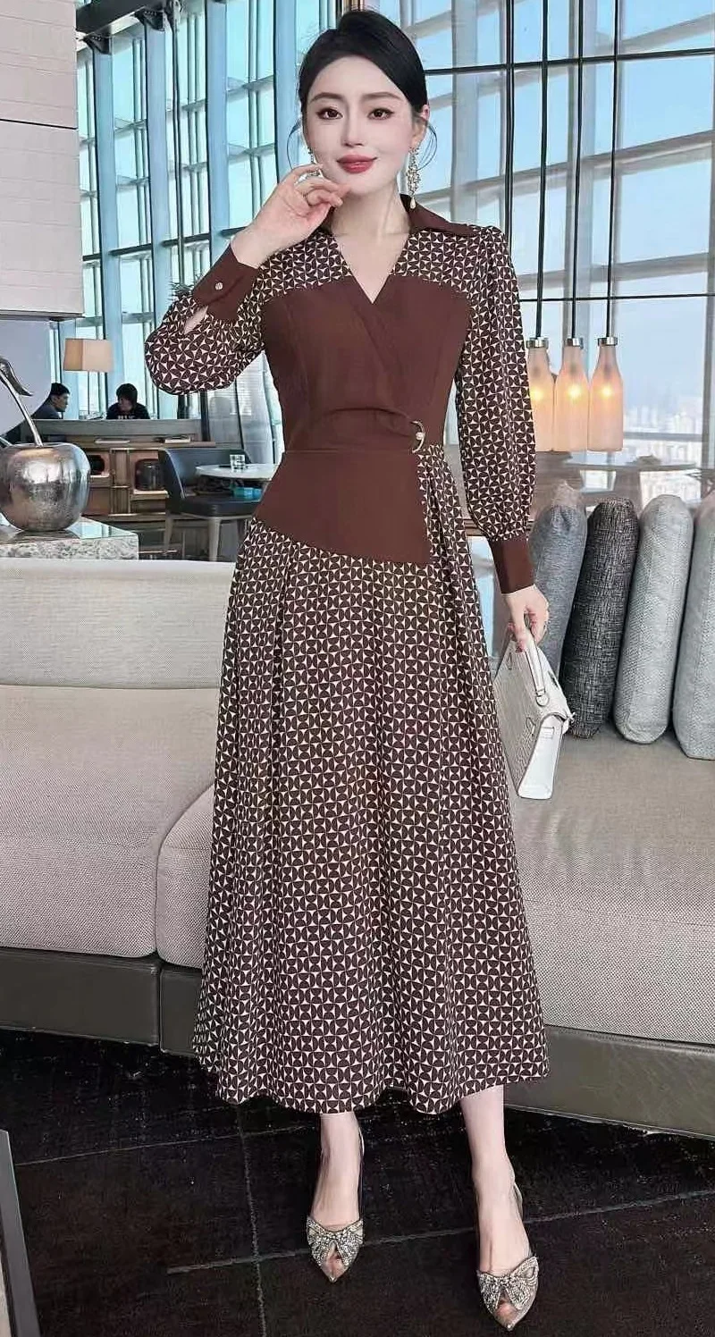 XXL Long Dress 2025 Spring High Quality Designer Fashion Women Color Block Patchwork Polka Dot Prints Long Sleeve Maxi Dresses