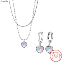 Real 925 Sterling Silver Crystal Drop Earrings Layers Chain Heart Pendant Necklace Jewelry Sets For Women FQL23061