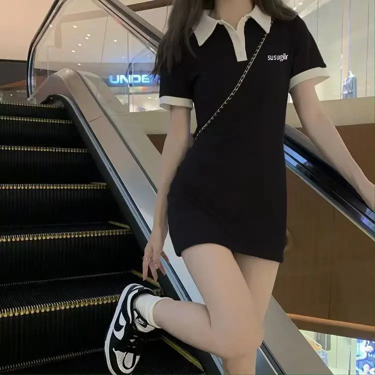 

Корейское повседневное платье с коротким рукавом и воротником, женское, А-силуэт, с завышенной талией, стройнящее, элегантное