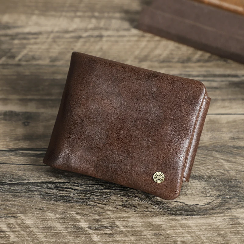 CONTACT\'S Genuine Leather Men Wallets RFID High Quality Hand-Scratched Leather Card Holders Coin Purses Money Clips Male Wallets