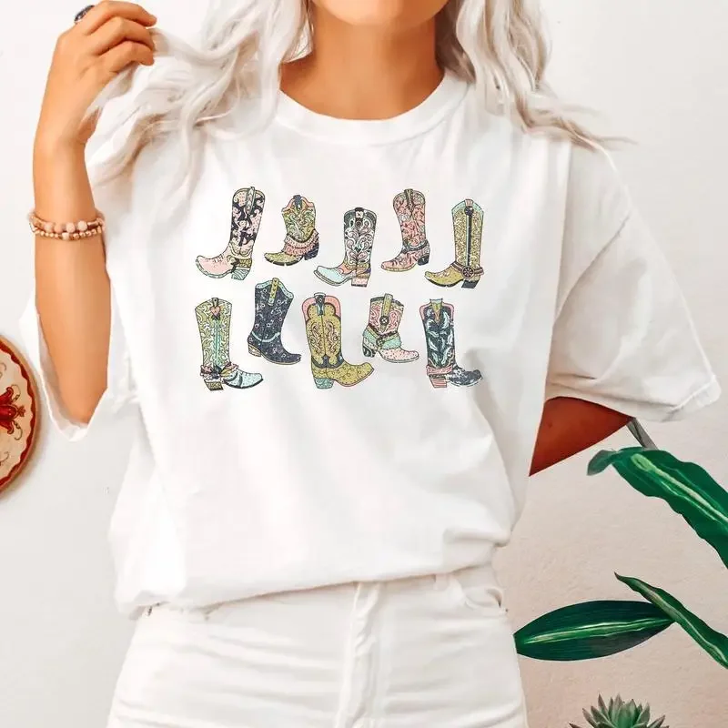 

Colorful Cowboy Boots Graphic Tees for Womens Western Cowgirl Country Pattern Tops Crew Neck Print Cotton T Shirts