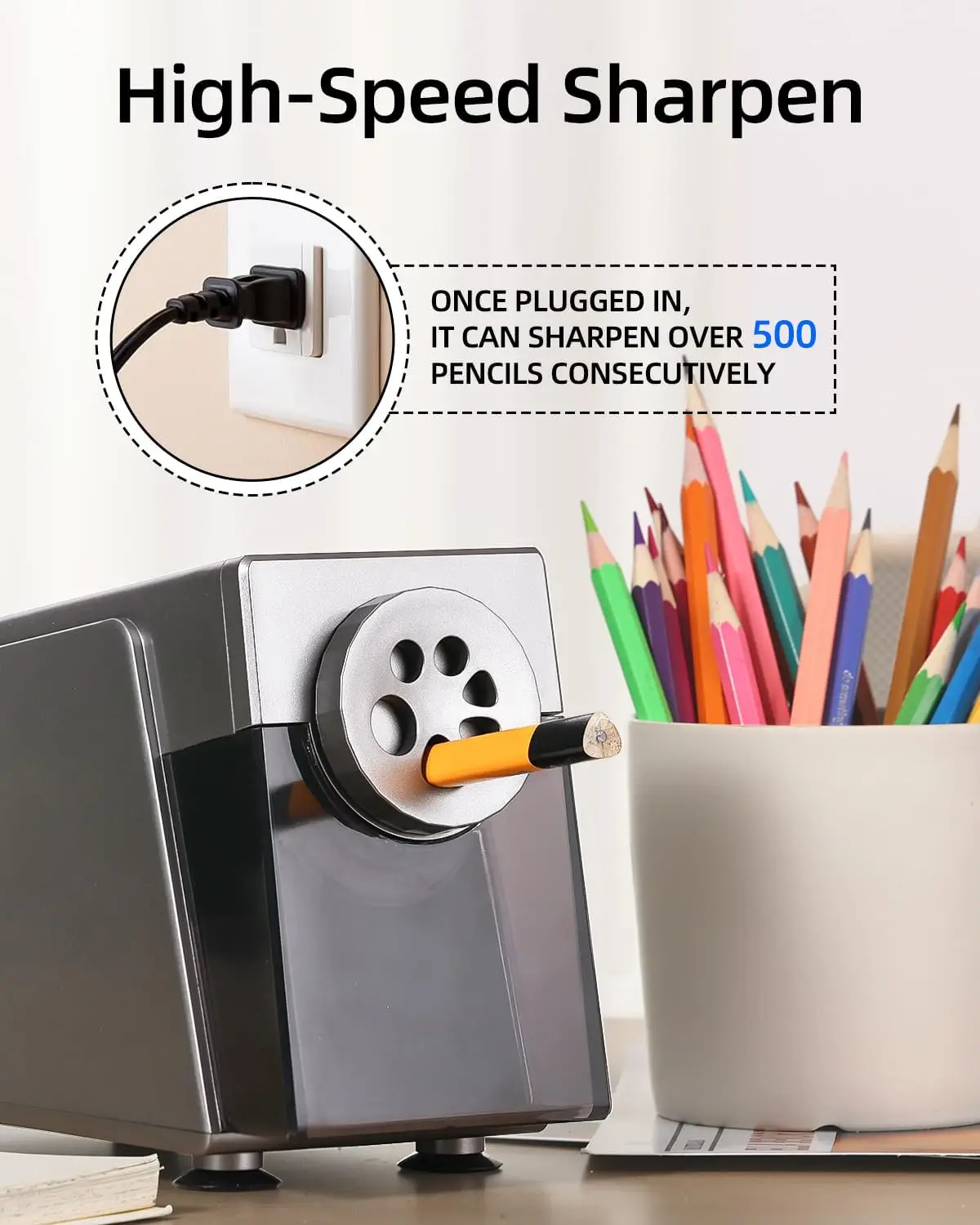 Heavy Duty Electric Pencil Sharpener, 6 Holes, Auto Stop, US Plug, for Classroom & Home Use view 6