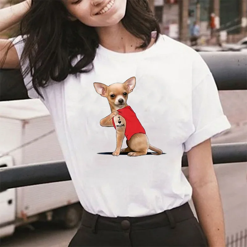 Summer Short Sleeve T Shirt Graphic Tees Women Clothing Tattoo Chihuahua I Love Mom Kawaii Tee Tops Female Chihuahua White Top