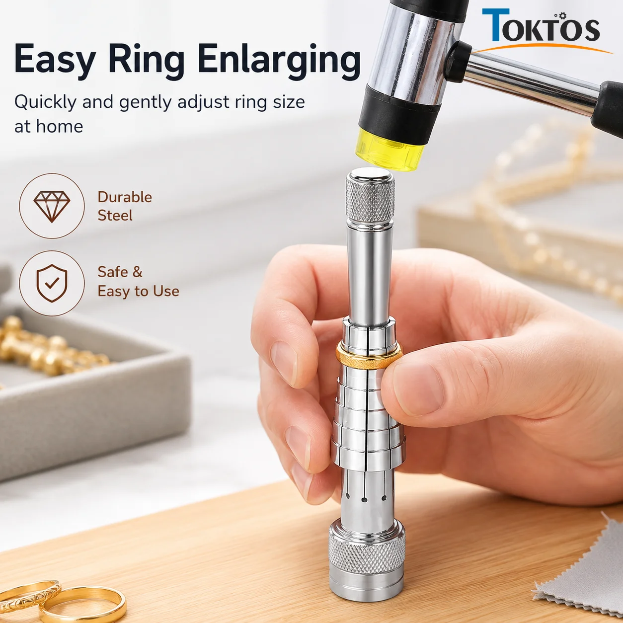 TOKTOS Ring Stretcher Enlarger Tool Jewelry Ring Sizer Expander Rubber Hammer Repair Kit for Wedding Engagement Ring Making