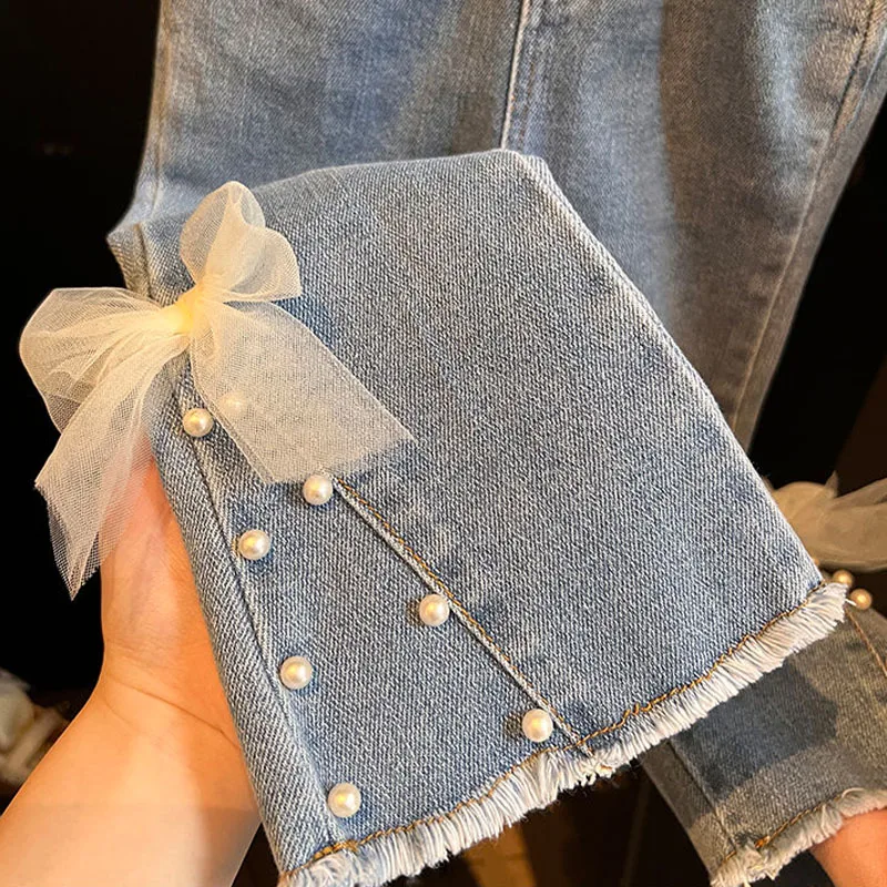 Kawaii sanrioed hallo kittys jeans süßes mädchen perle schleife glocken hose kinder mode hose elastische taille koreanische kinder kleidung