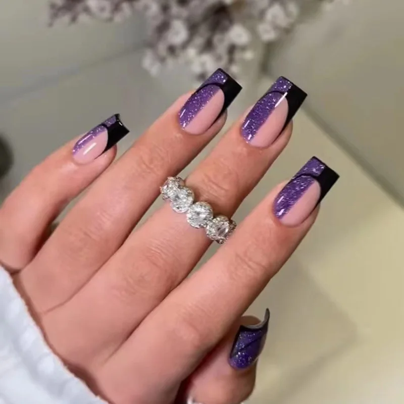 

24pcs Black & Purple Press-On Nails - Glitter Duo Design Medium Ballet Shape Ins-Chic Style False Nails With Wearing Tools