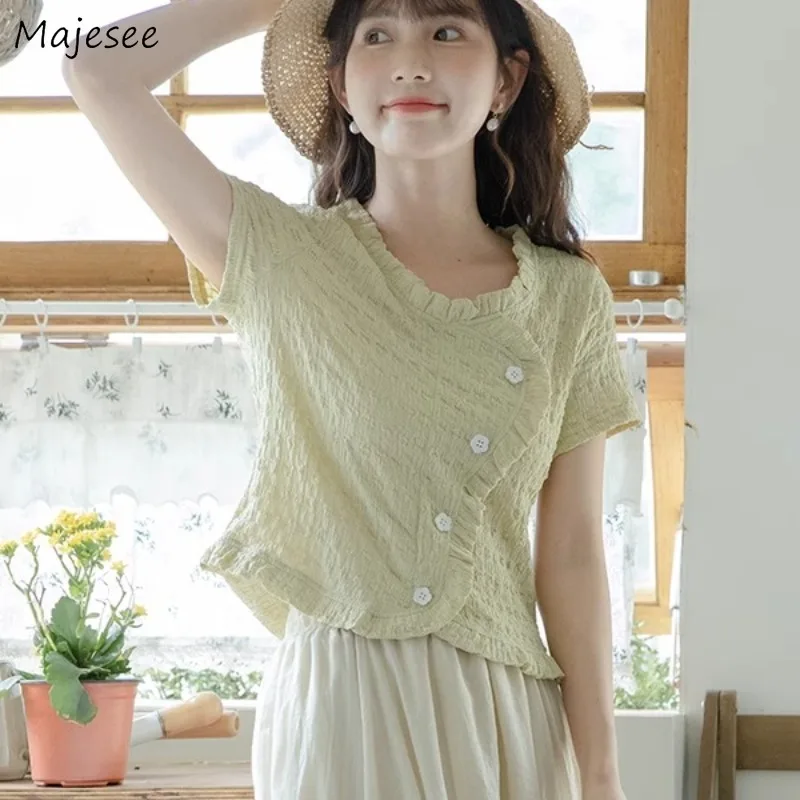 Shirt Women Fungus Design Irregular Casual Solid Sweet Lovely Girls Summer Short-sleeved Temperament Ins Korean Fashion Pure