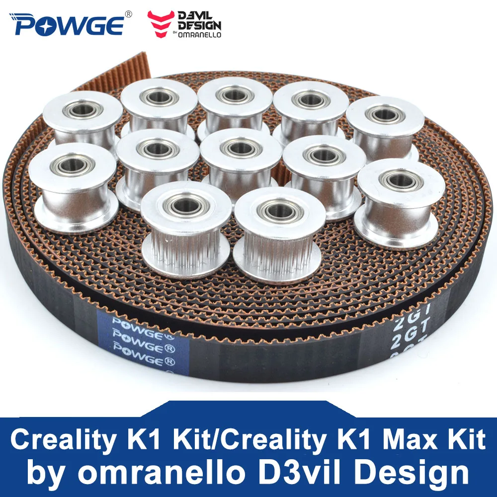 POWGE Silver Creality K1/K1 Max Kit of 2GT-7.7 RF Open Timing belt 20 Teeth 2GT Idler Pulley Bore 4mm by omranello D3vil Design