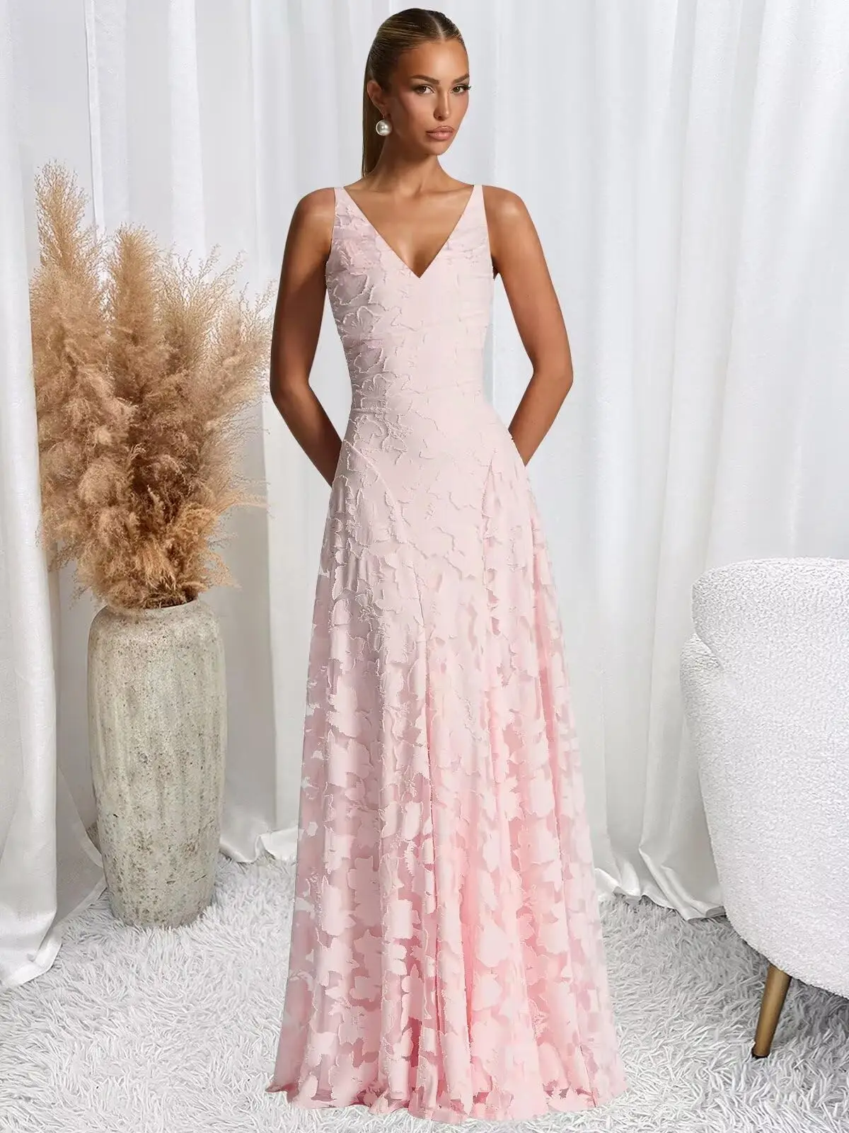 Abiti da damigella d'onore in pizzo floreale per donna Abito da sera formale in chiffon con doppio scollo a V