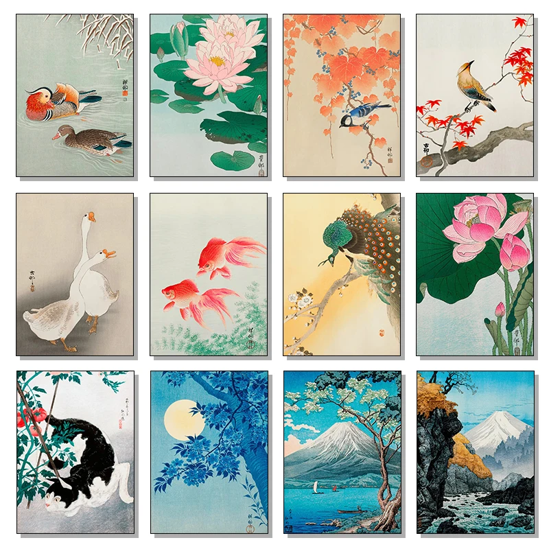 1pcs(No frame) Retro Japanese Flowers Cat Dogs Frog Bird Mount Landscapes Posters Canvas Painting Wall Art Pictures Living Roo
