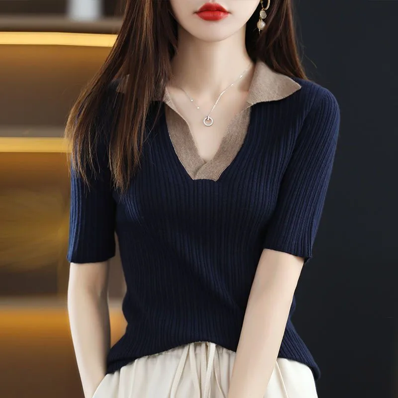 New Summer Fashion Korean Edition Contrast Polo Neck Short Sleeved Sweater Loose and Versatile Western Style Casual Knitted Top