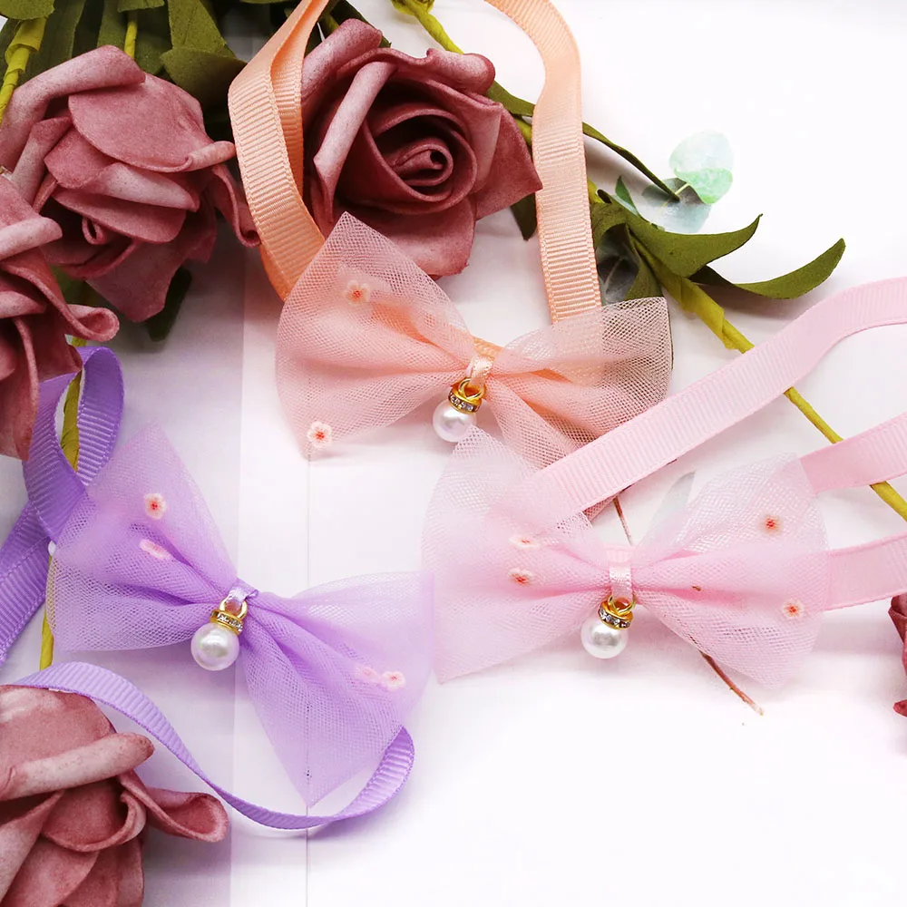 60pcs Spring Dog Bowties Cute Lace Pearl Bow Tie Neckties for Dogs Pets Adjustable Pet Grooming Dog Accessories For Small Dogs