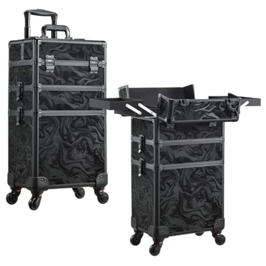 

3 in 1 Rolling Makeup Train Case Professional Cosmetic Trolley Large Storage with Keys Swivel Wheels Salon Barber Case Travelin