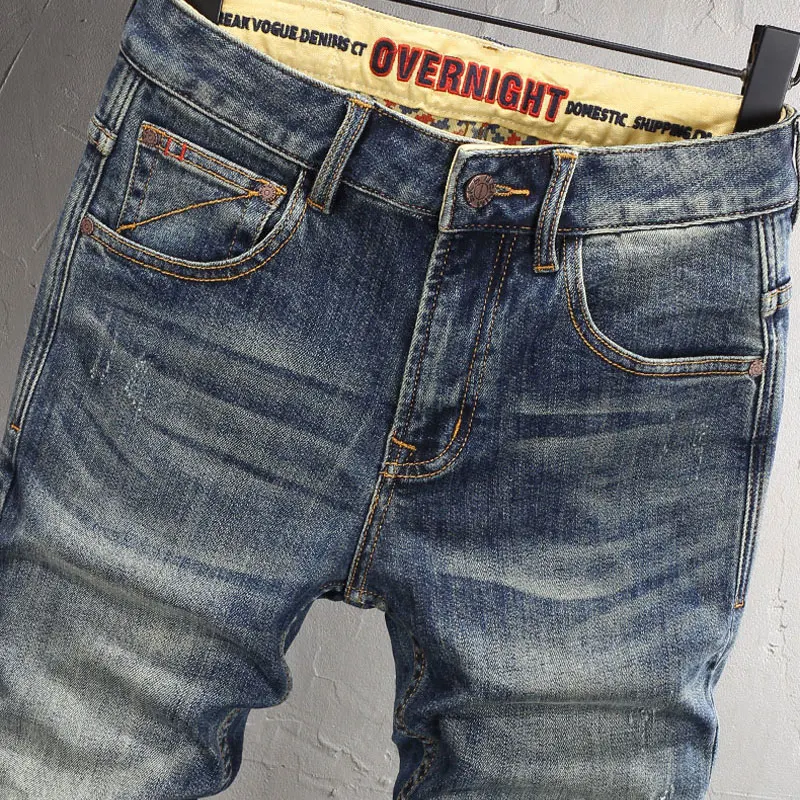 Newly Fashion Men Jeans High Quality Retro Washed Blue Stretch Slim Fit Vintage Jeans Men Embroidery Designer Casual Denim Pants