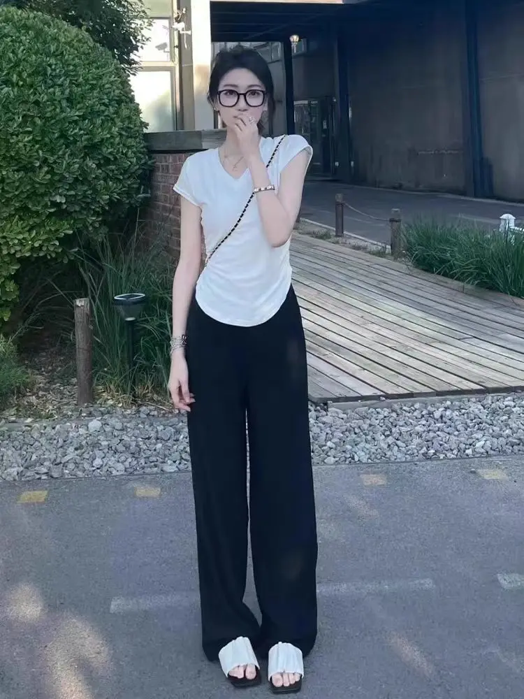 Summer new slim fit and slimming V-neck shoulder t-shirt top+fashionable casual wide leg pants women's two-piece set