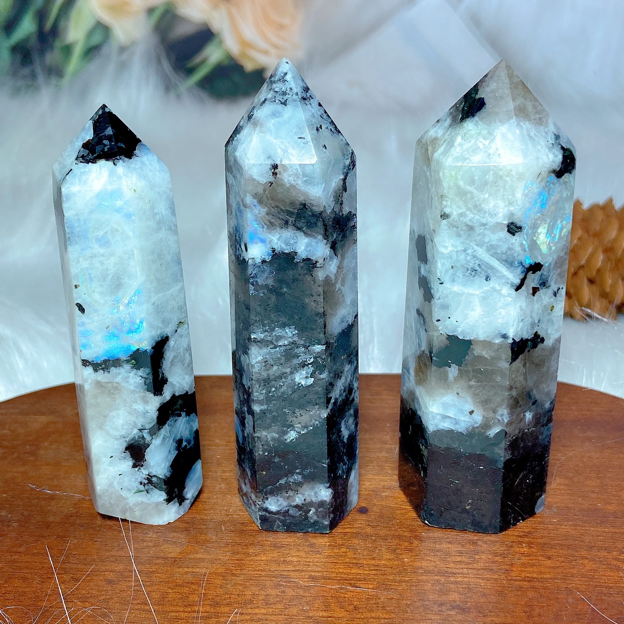 Natural Crystal White Moonstone Black Tourmaline Tower Point Blue Flash Stone Energy Healing Gemstone