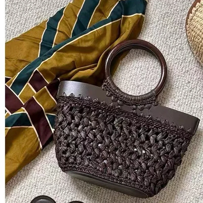 Niche Retro Straw Woven Handbag Casual Simple Clutch Bag For Women Beach Vacation Tote Bag Coffee Brown Wooden Handle Woven Bags