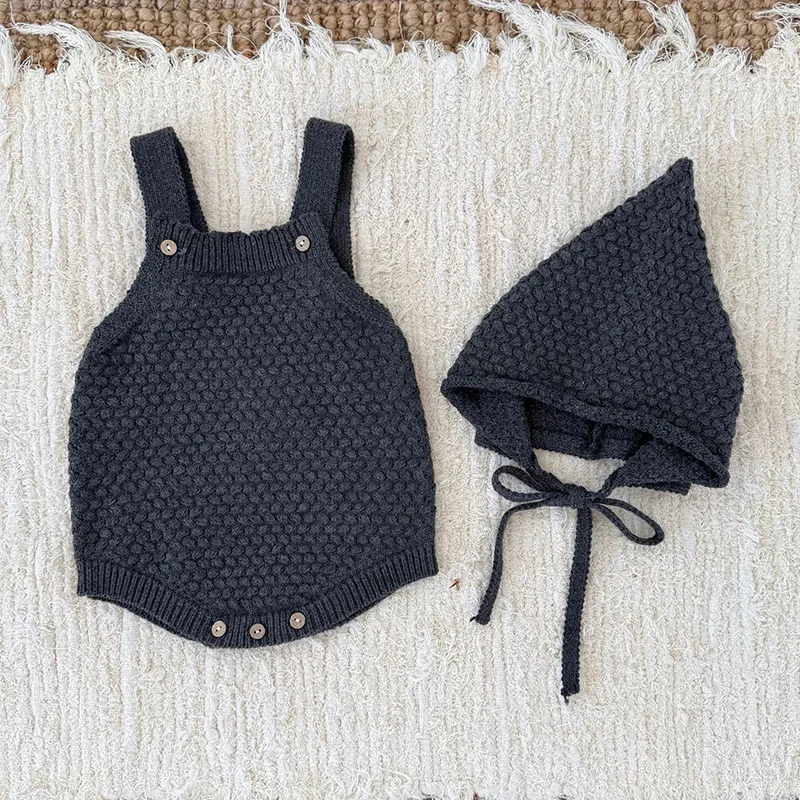 جديد ربيع 2026 رومبير محبوك للأطفال الأولاد والبنات رومبير للأطفال الرضع بدون أكمام بلون سادة بدلة محبوكة + قبعة ملابس أطفال #5