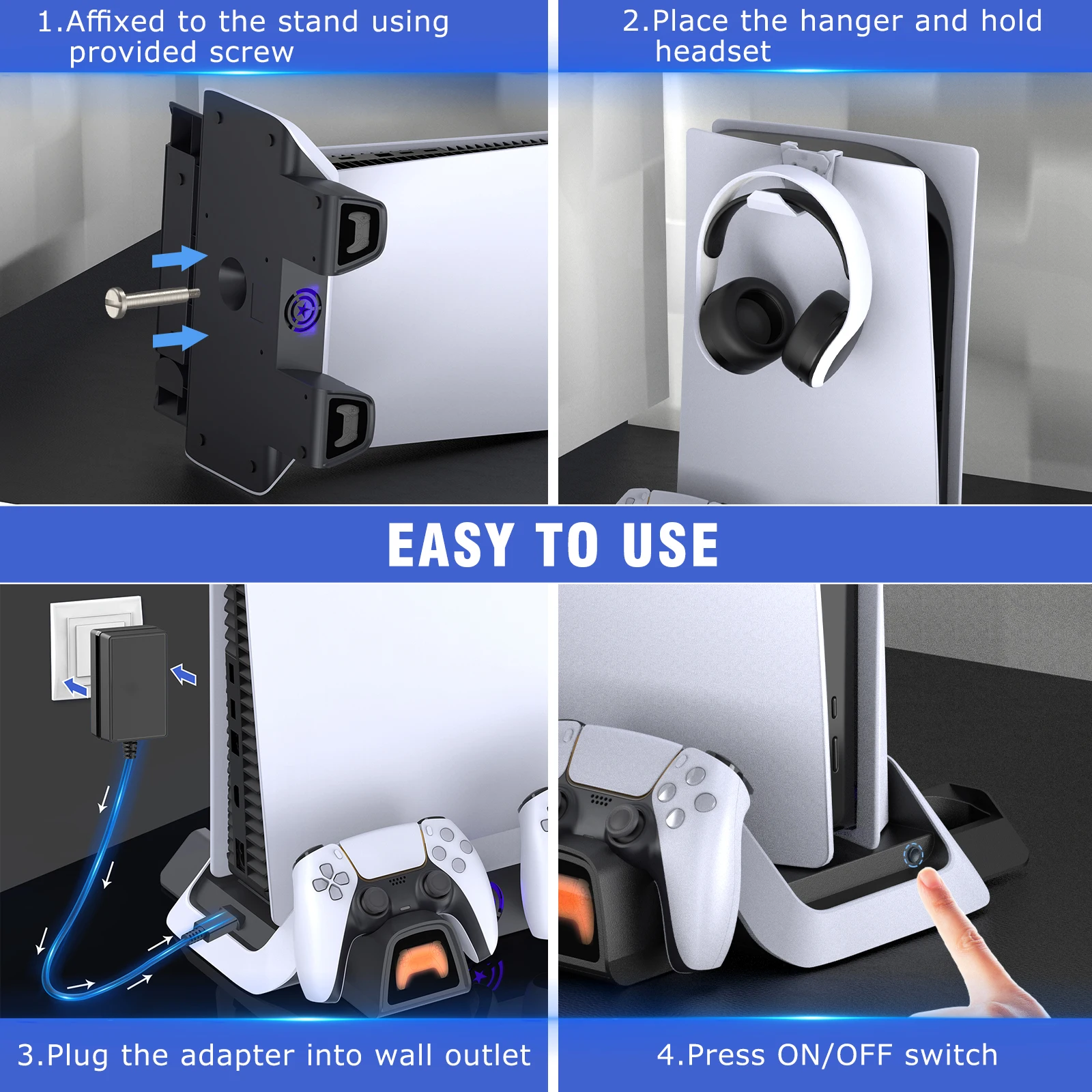 For PS5 Cooling Stand 2 Cooler Fan 2 Controller Charging Dock Type-C Charging Cable for Playstation 5 PS 5 Console Disc/Digital