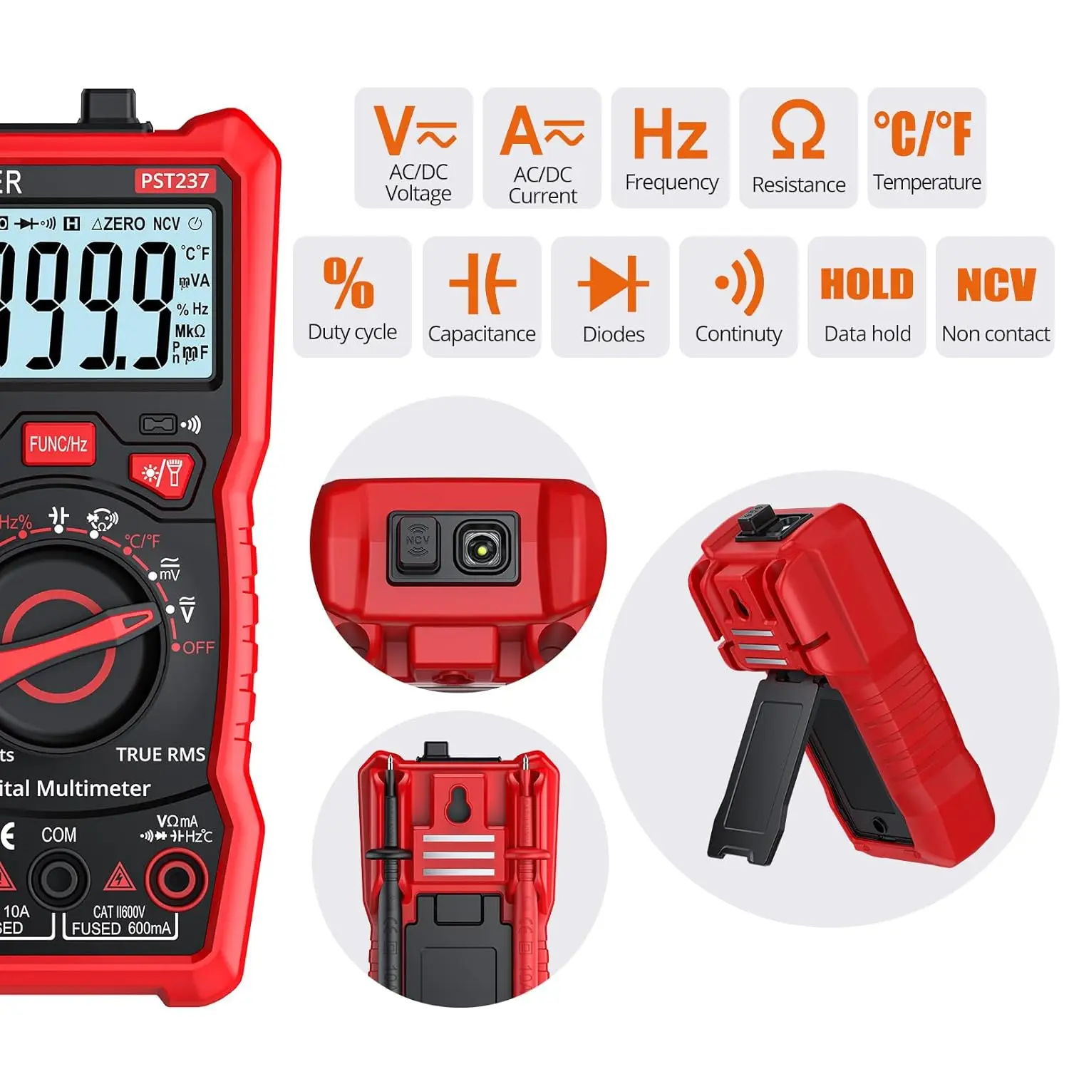 Multimètre numérique à plage automatique, détecteur NCV, sonde de test, tension CC et CA, température actuelle, 6000 points, TRMS