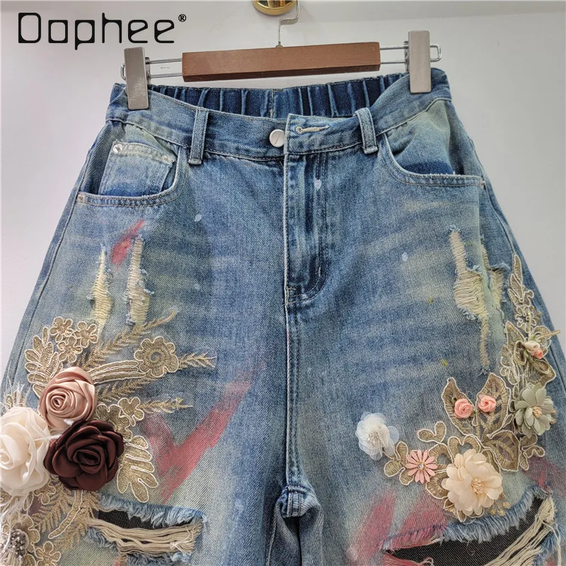 Ripped Three-dimensional Embroidered Denim Shorts for Women 2025 Summer New Korean Fashion Loose High-waisted Wide-leg Pants