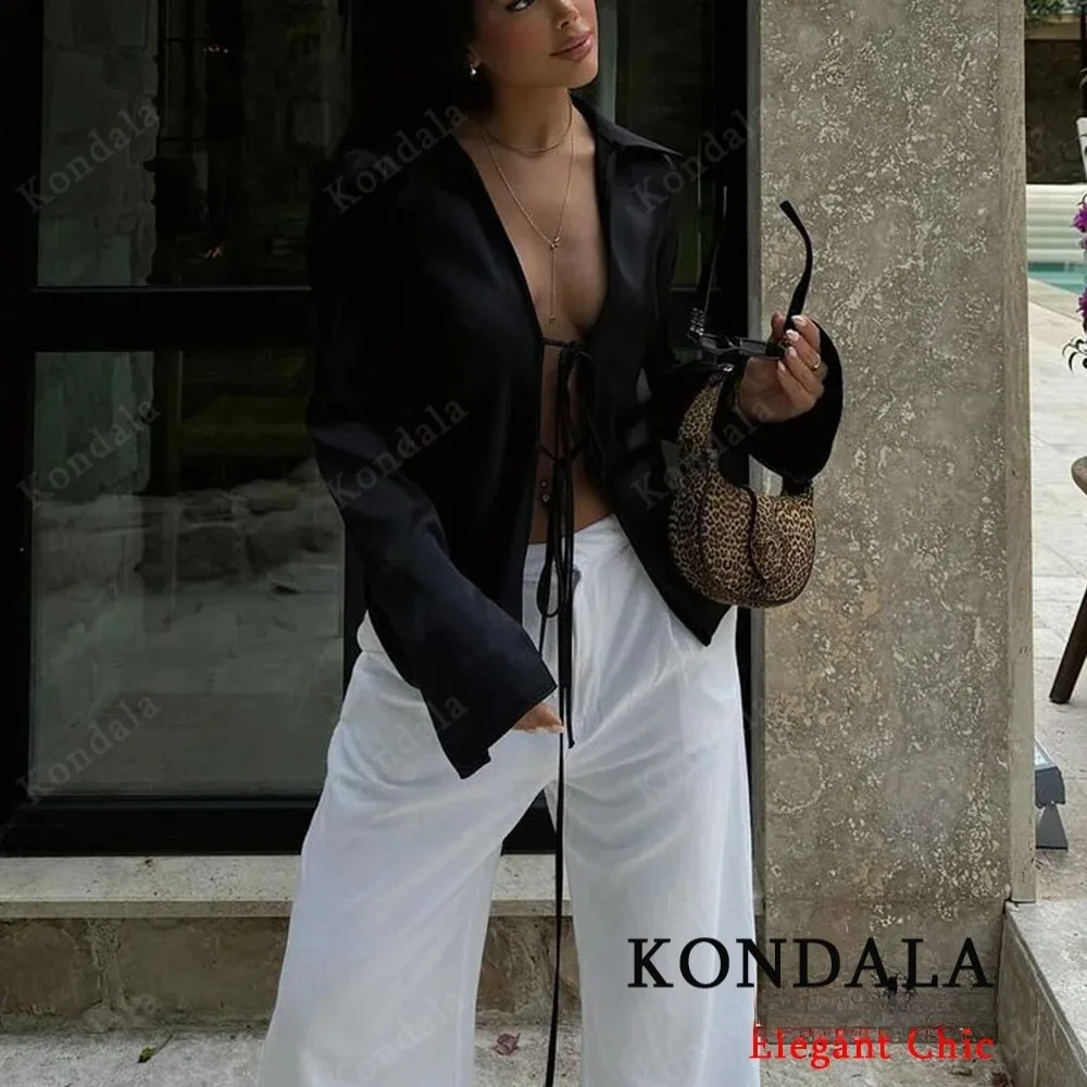 

Модная летняя осень 2025: рубашка с длинным рукавом и v-образным вырезом с галстуком-бабочкой, женская офисная женская рубашка Old Money, базовые пригородные топы