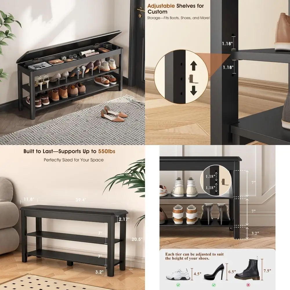 

Mid-Century Modern 2-Tier Wooden Shoe Rack Bench with Rubberwood Construction, Supporting 550lbs, Ideal for Compact Entryway and