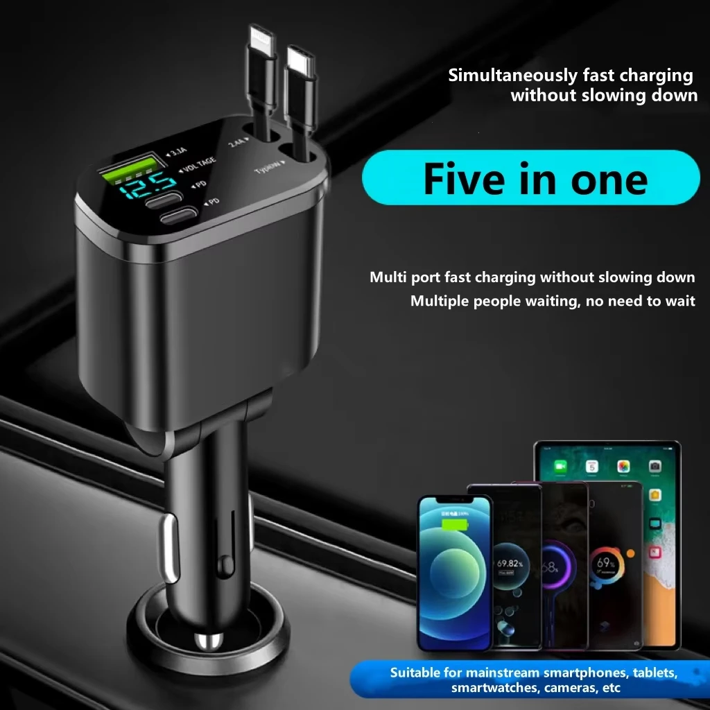5 IN 1 Phone charger Retractable Car Adapter Charger Car Ultra Fast Charger Retractable Cable 2 Type-C Ports Car Charger Adapter