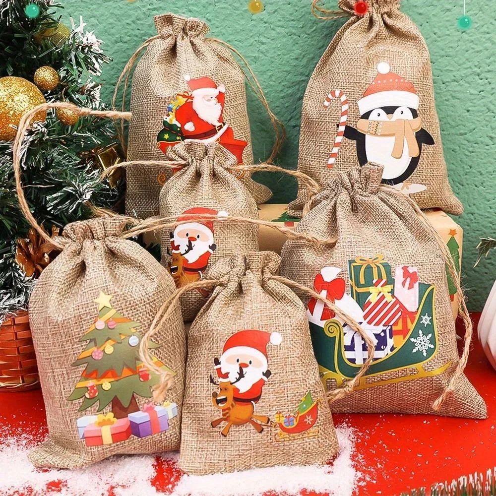 6/8 Stück Weihnachtsgeschenktüten, Leinenbeutel mit Kordelzug, mit Weihnachtsmann- und Baumdesign, für Weihnachtsgeschenke und Partygeschenke