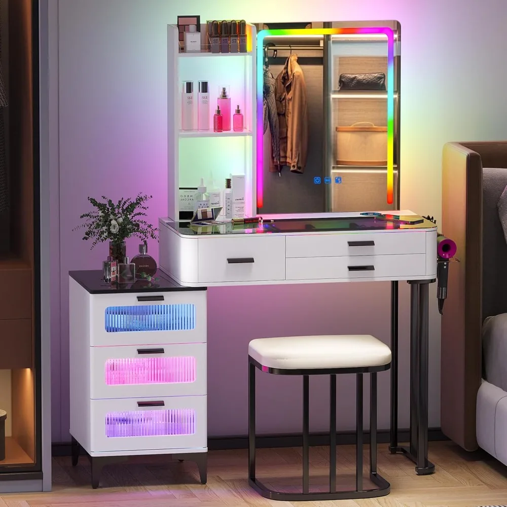 

RGB Vanity Desk with Wireless Charging Station,Vanity Table with Lights and Mirror, Set with USB-C,6 Drawer and Cushion Stool