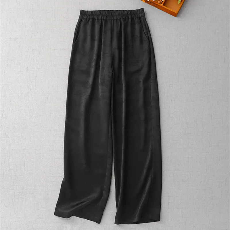 

Black Loose Elastic Waist Wide Legs Pants Women Thin Summer Satin Trousers High Waist Ankle Length Casual Pants