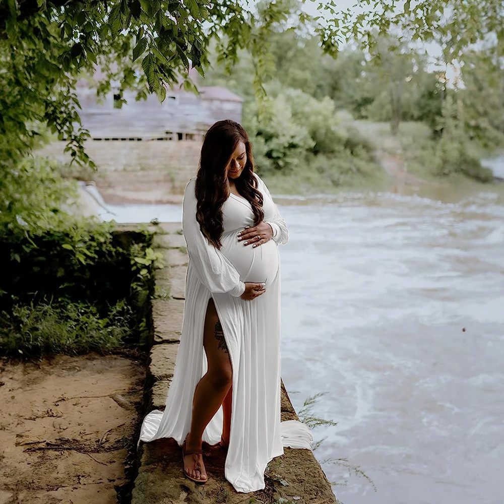 Maternity Photography Dresses Baby Shower Maxi Gown Lantern Sleeve V Neck Pregnancy Wrap Side Split Robe