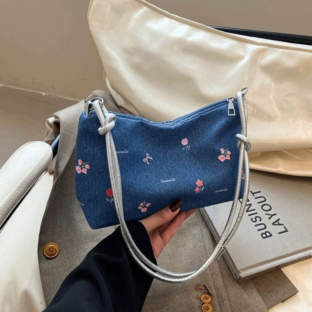 Simple Korean Bow Underarm Bag Versatile Blue Denim Shoulder Bag Sweet Zipper Women's Handbag Female