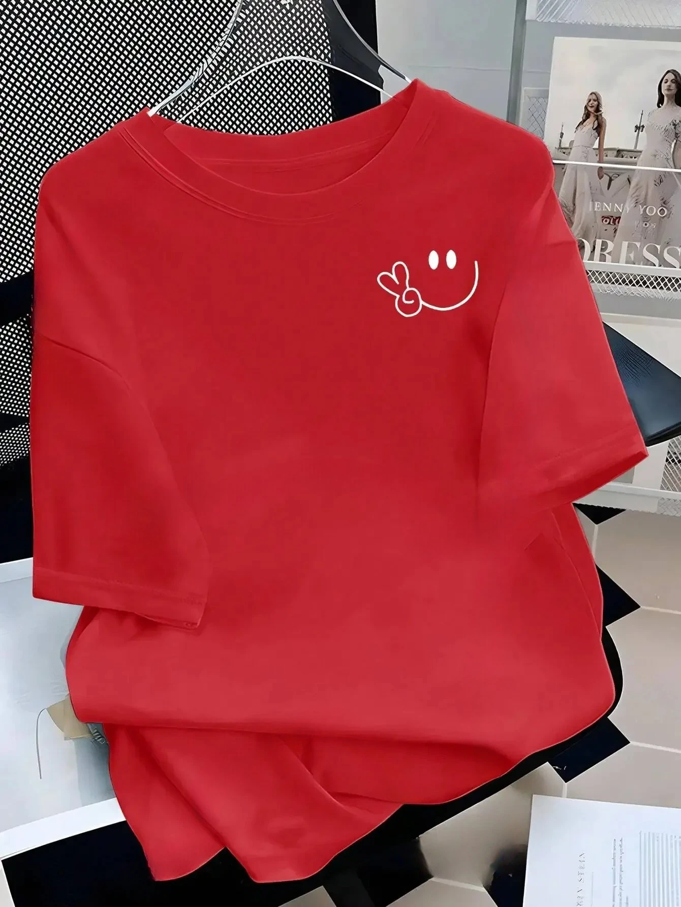 Stylish Tee with Adorable Smile and Peace Sign Design Ideal for Curvy Ladies into Playful Fashion