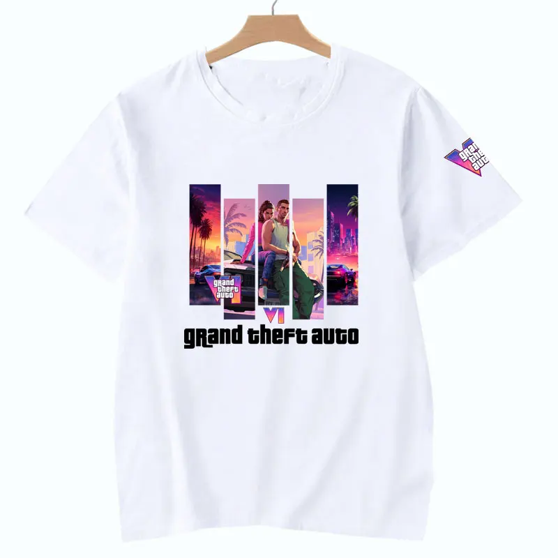 Camisetas سرقة السيارات الكبرى VI GTA6 لعبة تي شيرت Camisa القطن س الرقبة ألعاب قميص مطبوع عادية مضحك القوطية المحملة Y2k الملابس